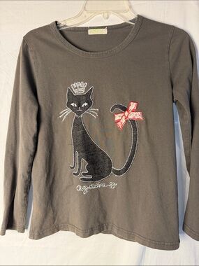 Girls Charcoal Long-Sleeve Cat Graphic Tee with Pink Bow